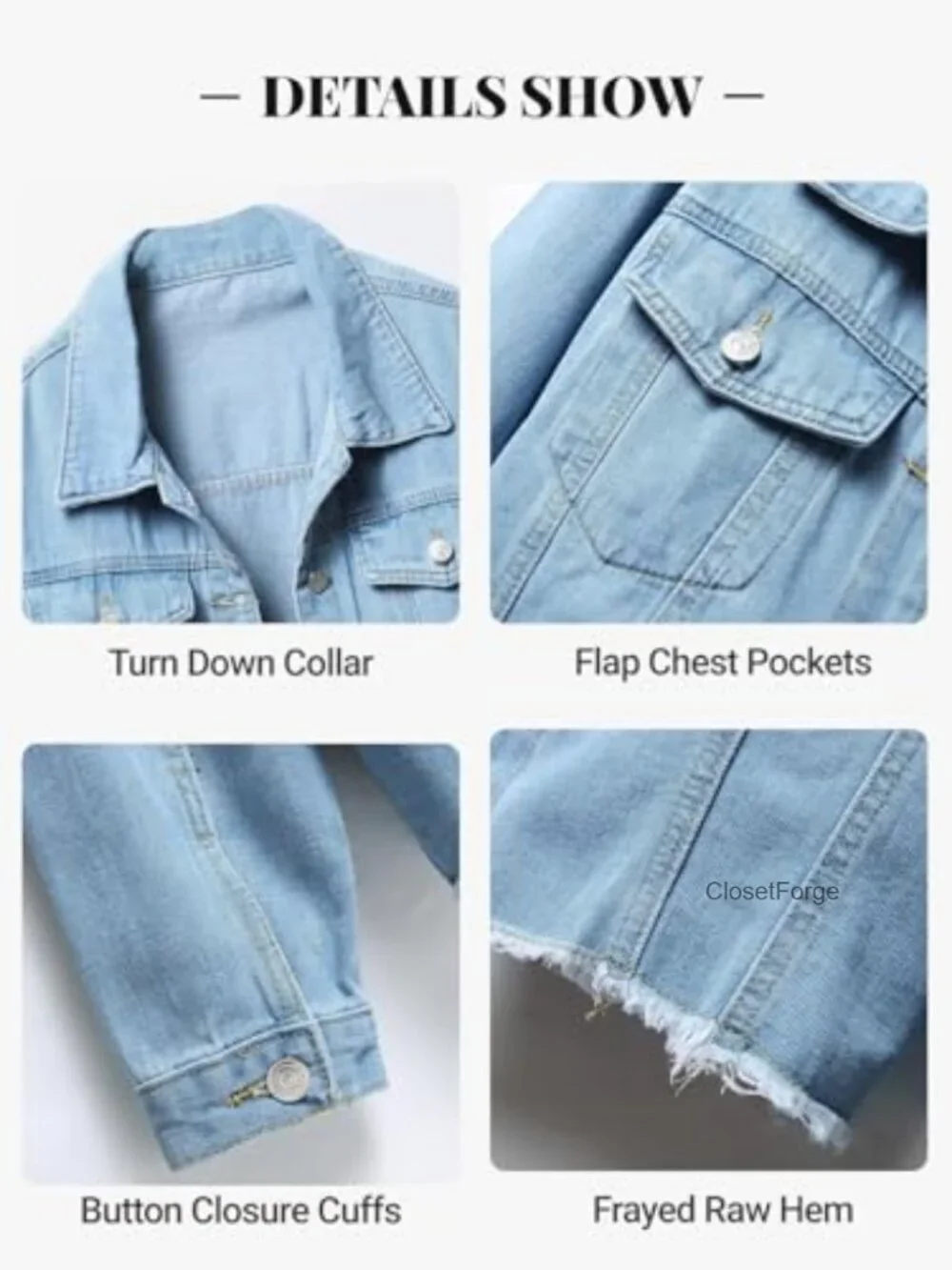 Women's Cropped Denim Jacket Frayed Raw Hem Button Front Long Sleeve